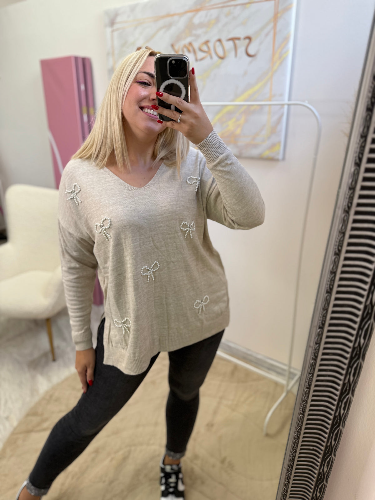 Bow Strass Shirt BEIGE
